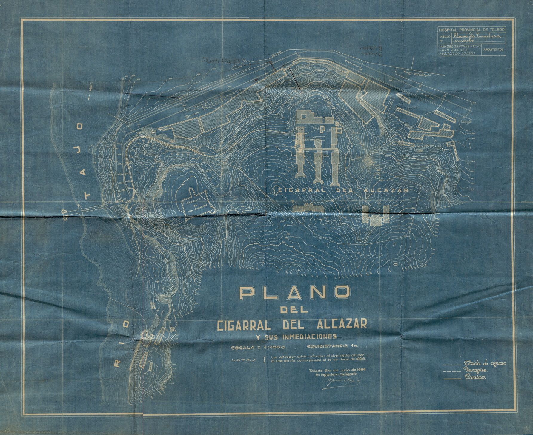 Plano del 'Cigarral del Alcázar y sus inmediaciones'. Realizado por el ingeniero-geógrafo Alfonso Rey Pastor (20 de julio de 1926). El documento presenta el terreno y la disposición del proyecto aprobado del Hospital Provincial de Toledo firmado por los arquitectos Manuel Sánchez Arcas, Luis Lacasa y Francisco Solana. En el centro del conjunto de los pabellones, sobre unas líneas marcadas, se anota: 'Ruinas del Convento'