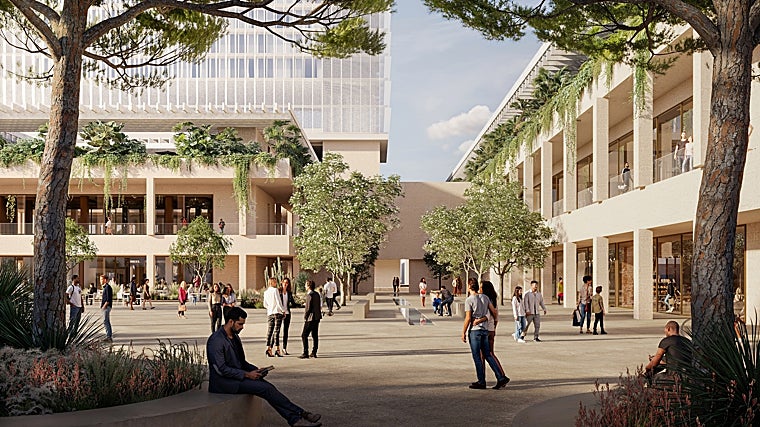 Recreación de una de las plazas que contempla el proyecto de la torre del Puerto