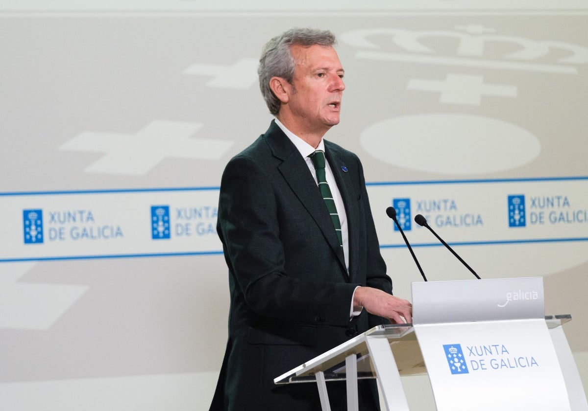 El presidente gallego, Alfonso Rueda, durante la rueda de prensa