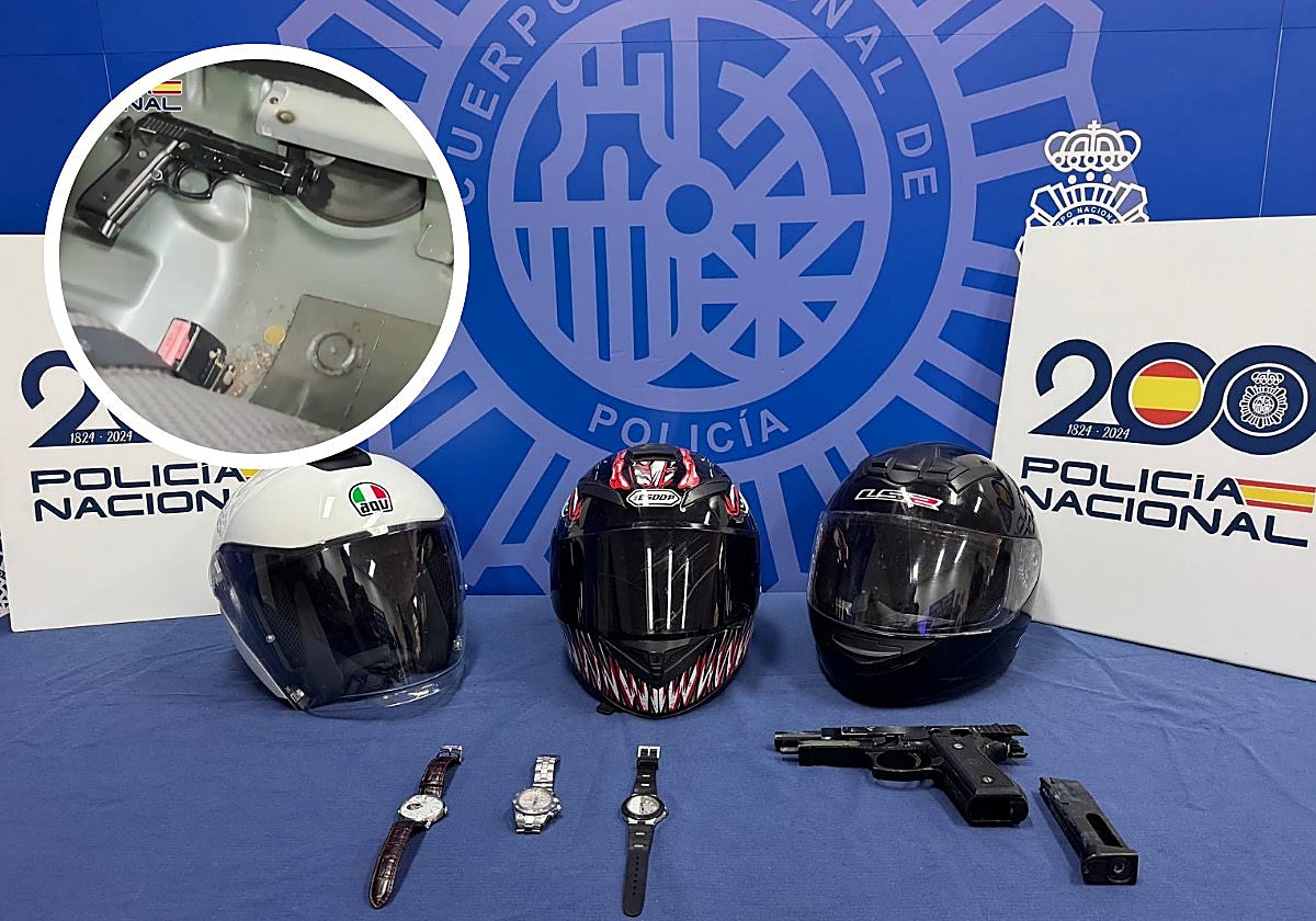 Los cascos, relojes y un arma (escondida debajo del asiento de un coche) incautados a los asaltantes