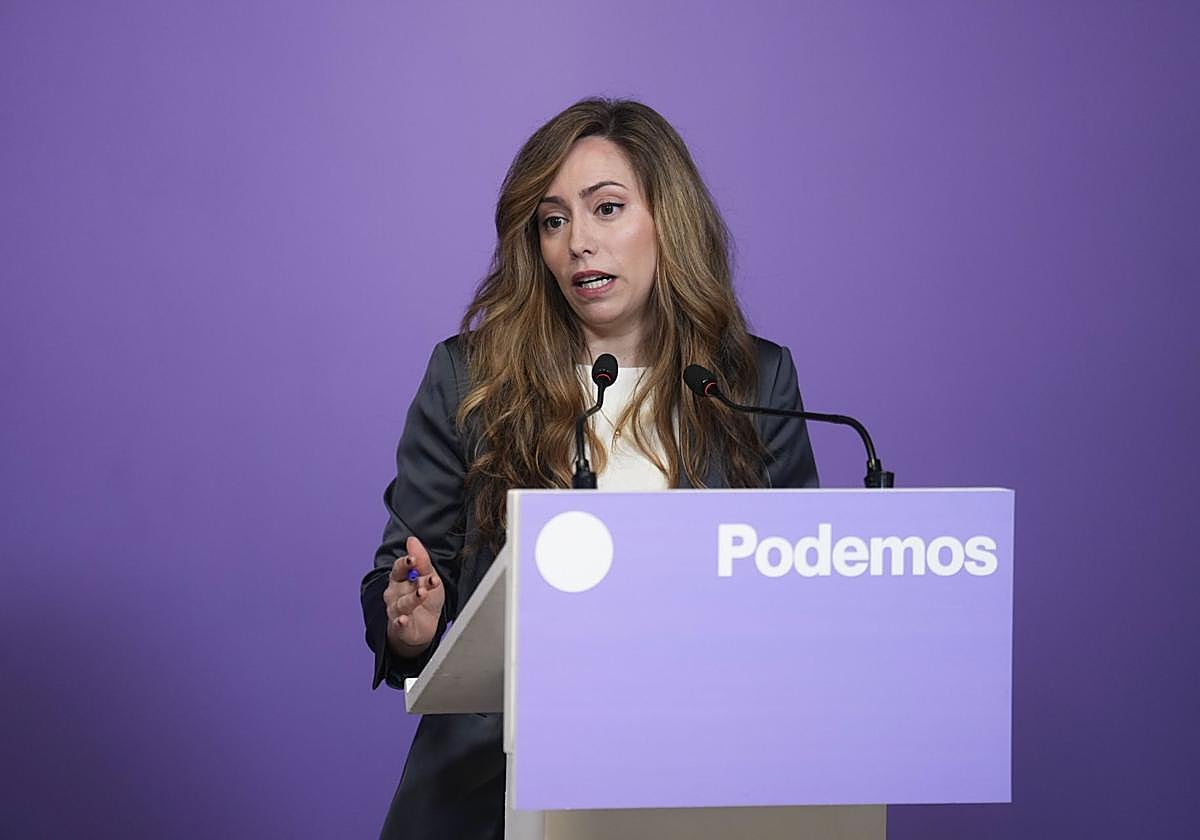 María Teresa Pérez, coportavoz de Podemos, en la rueda de prensa donde anunció esta campaña por los 50 años de la muerte de Franco