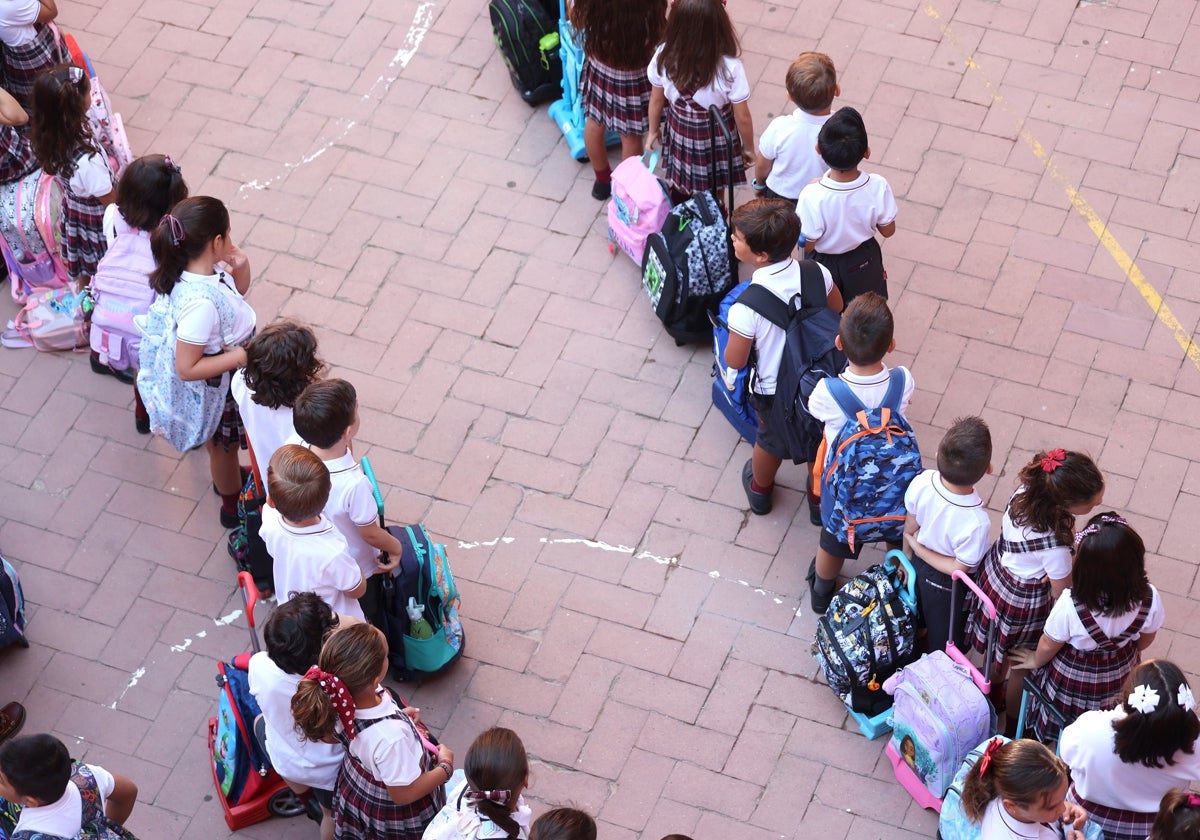 Dos filas de alumnos en un colegio de Córdoba