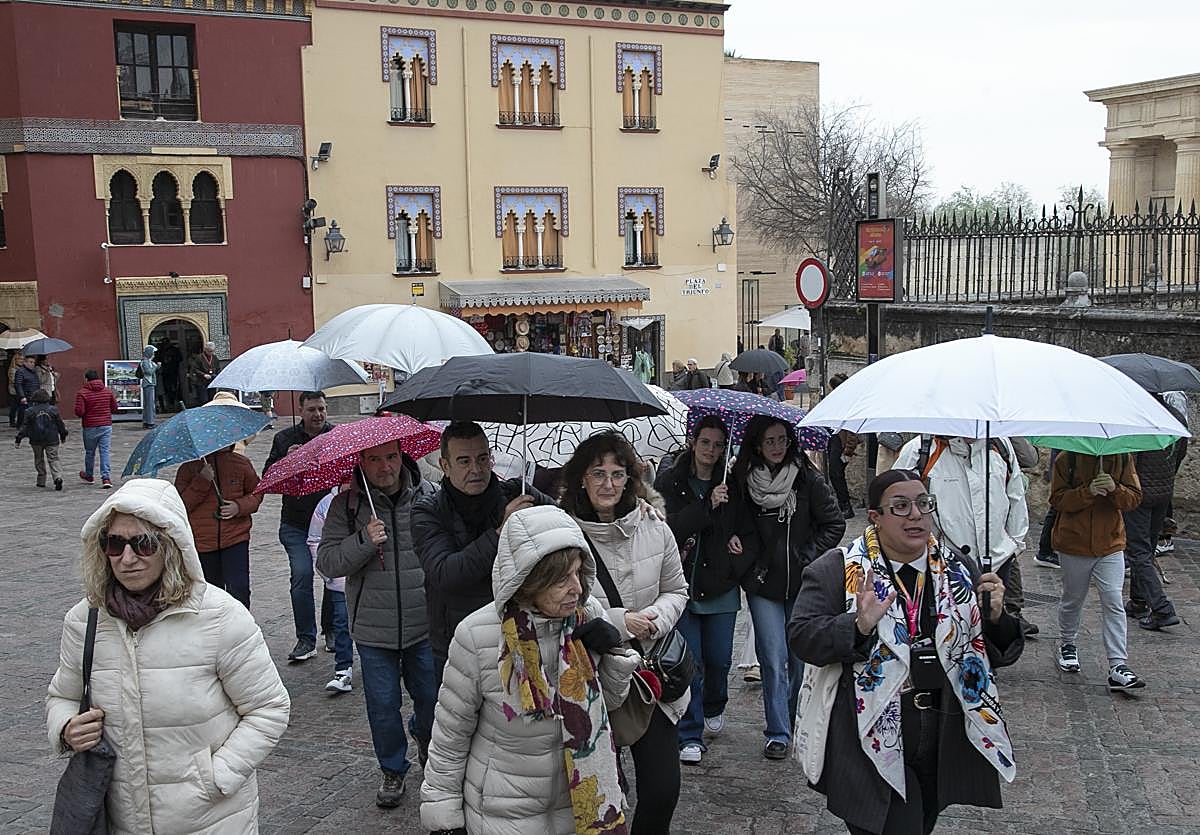 Un grupo de turistas se protege de la lluvia durante la jornada del viernes