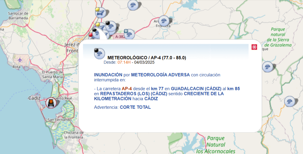 Cortada al tráfico por inundación la autopista AP-4 a su paso por Jerez en sentido Sevilla