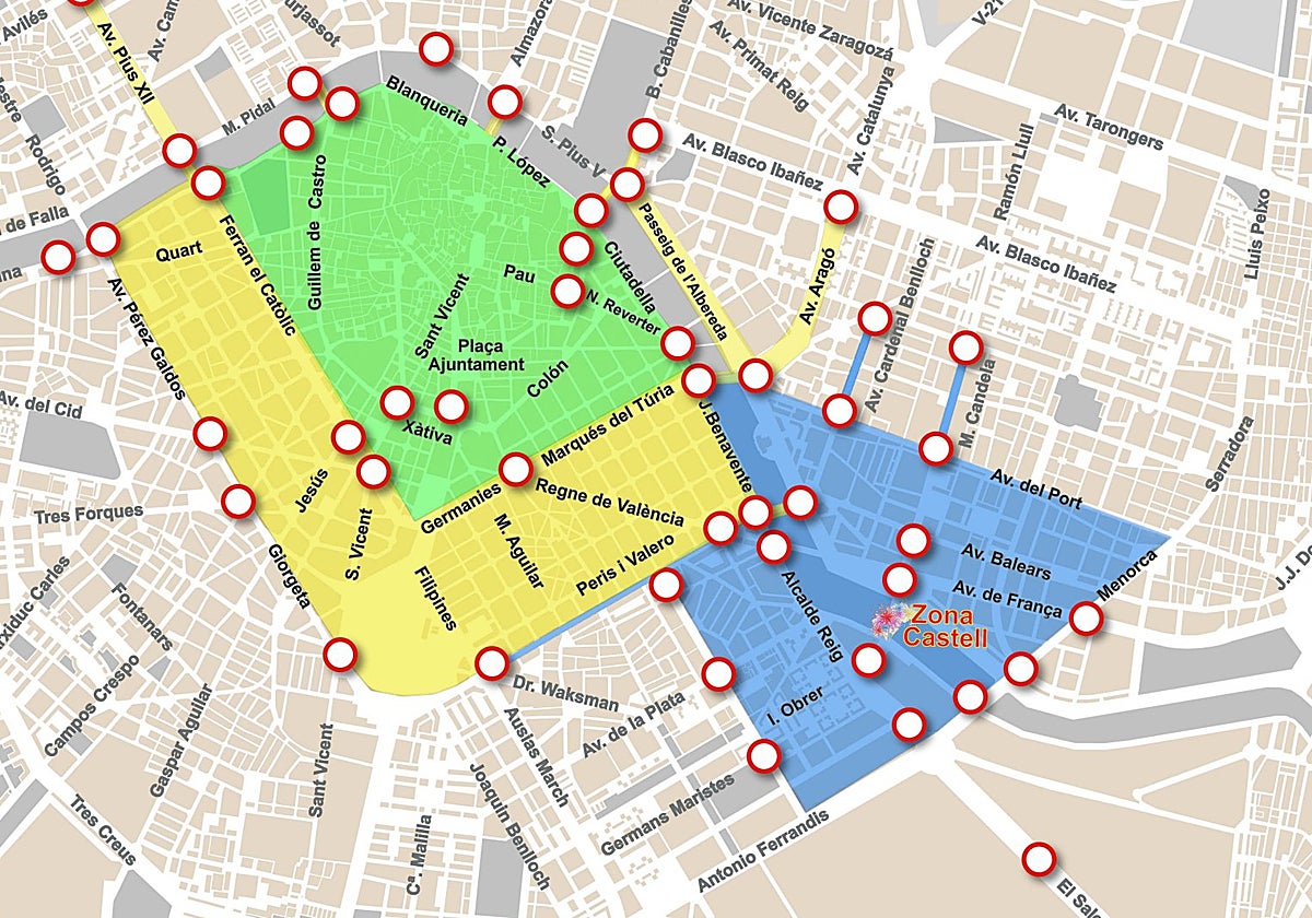 Mapa con los cortes de tráfico en Valencia por Fallas