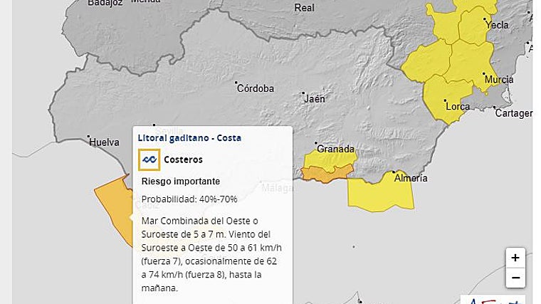Avisos por lluvias, vientos y oleaje este martes en tres provincias de Andalucía, de nivel naranja en Cádiz y Granada