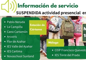 Suspendida la actividad presencial en diez colegios e institutos de Estación de Cártama y Málaga