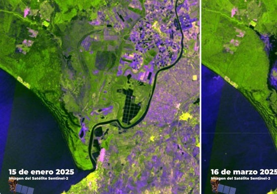 Imágenes del satélite Sentinel-2 el 15 de enero de 2025 (izquierdada) y el pasado 16 de marzo