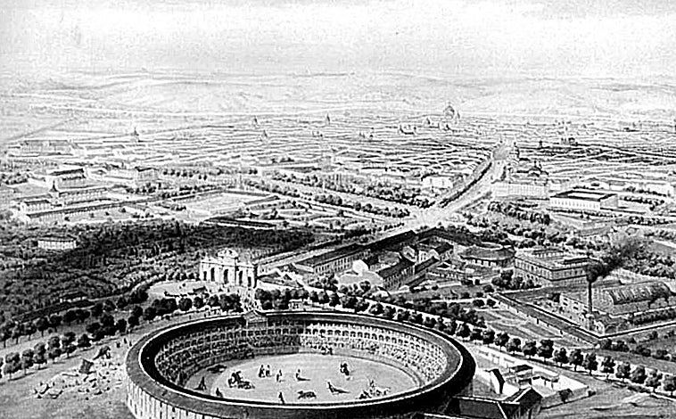 Imagen principal - Arriba, plaza de toros de la Puerta de Alcalá, en 1854. Abajo, izq,, 1900, plaza de toros de Tetuán poco antes de inaugurarse. Dcha, inauguración de la plaza de toros de Vista Alegre, en 1908. 