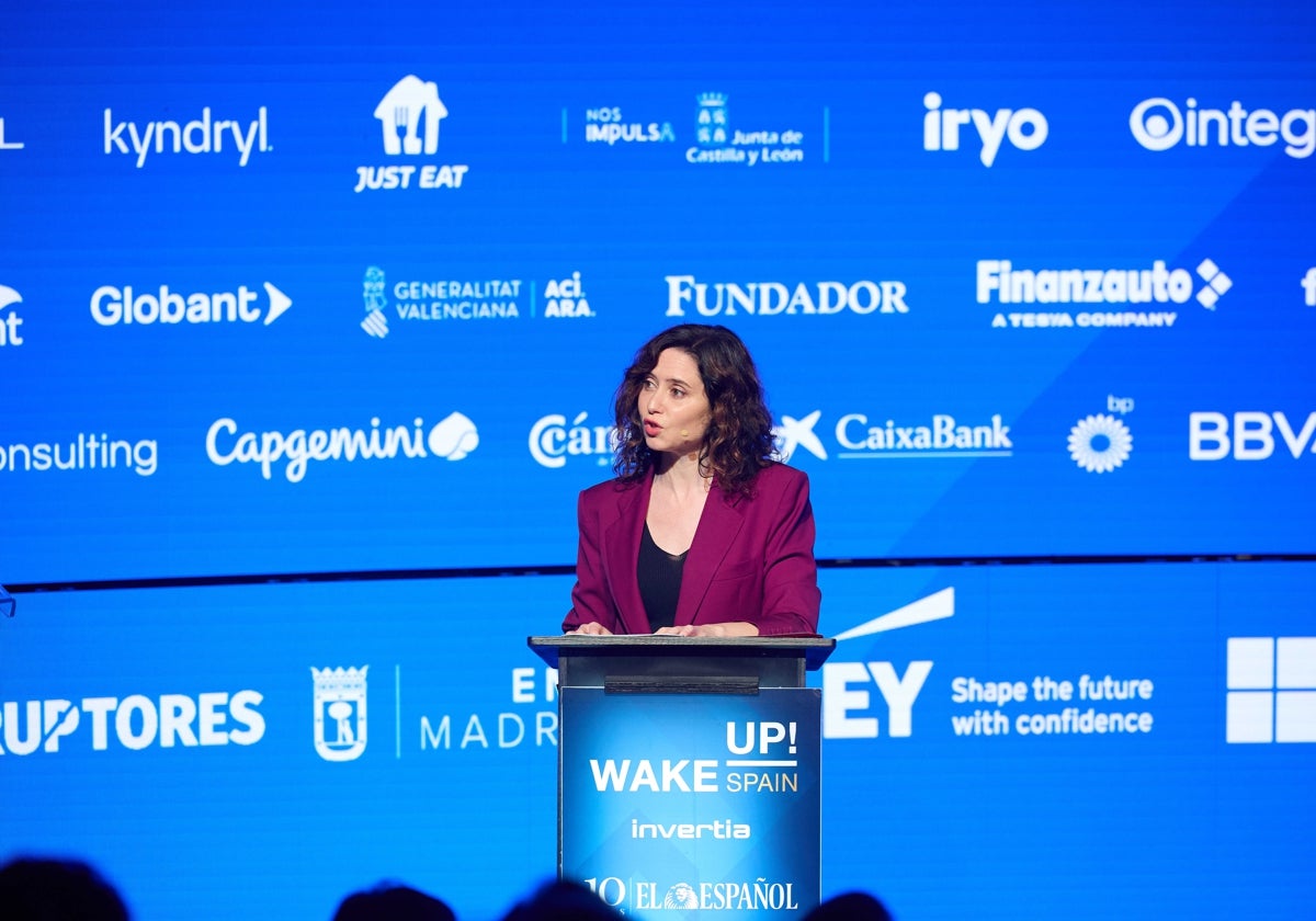 La presidenta de la Comunidad de Madrid, Isabel Díaz Ayuso, durante la V edición del foro económico español 'Wake Up, Spain!'