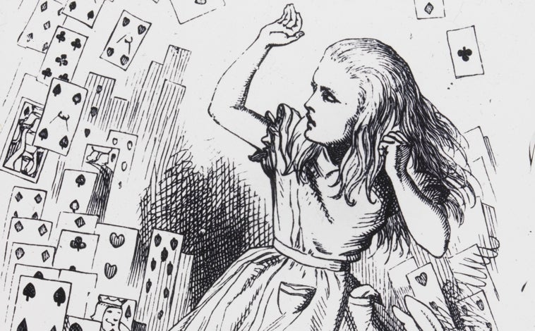Imagen principal - Arriba, detalle de la Ilustración de John Tenniel para 'Las aventuras de Alicia en el país de las maravillas'. Sobre estas líneas, a la izquierda, vestuario diseñado por Gladys Calthrop para el Conejo Blanco en el Acto I, escena del juicio, de 'Alice in Wonderland', 1943. A la derecha, 'Gato de Cheshire', cartel psicodélico de Joseph McHugh
