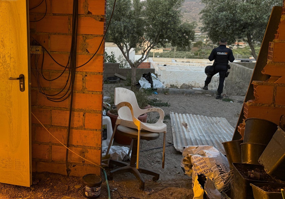 Un agente custodia la entrada a un cortijo donde se cultiva marihuana en Pechina