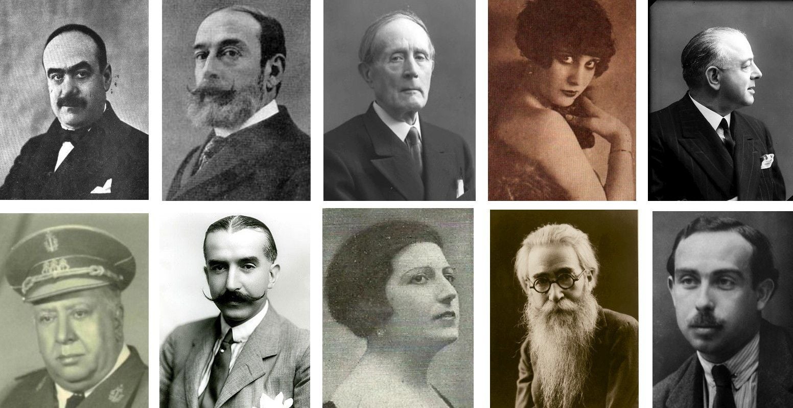 Algunos de los colaboradores y autores de obras seleccionadas por la revista Alma para sus secciones. De izquierda a derecha y de arriba abajo: Angel Vegue y Goldoni, Antonio Zozaya, Azorín, Celia Gámez, Jacinto Guerrero, Francisco Machado, Pedro Muñoz Seca, Remée de Hernández, Ramón del Valle Inclán y Enrique Vera (fotografías de distintas fuentes)