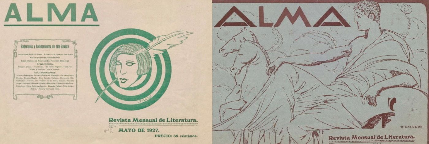 Portadas de los números 2 y 4 conservados en el Archivo Municipal de Toledo. El ejemplar publicado en agosto de 1927, de mayor tamaño, incluyó un dibujo a toda página de R. Caballero