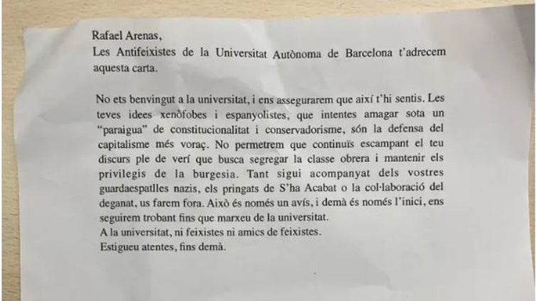 «Esto es solo un aviso»: anónimo con amenazas contra un profesor constitucionalista y nuevo veto de la UAB a S'ha Acabat!