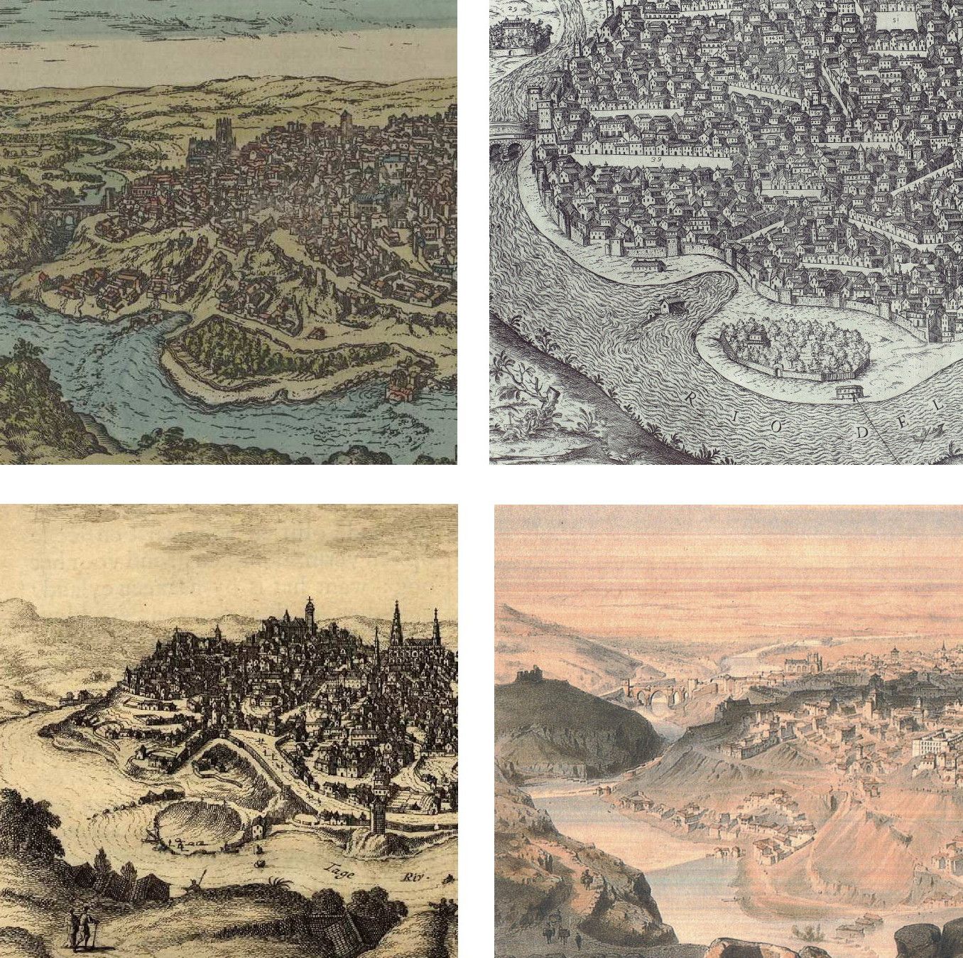 La Alcurnia o Incurnia en cuatro épocas. Arriba, de izquierda a derecha, la vista de Civitates orbis terrarum (1576) y el aguafuerte de Petri de Nobilibus (1585). En ambas láminas se aprecia el vergel vallado propiedad del alto clero toledano. Debajo, la vista publicada en 'Les dèlices de l’Espagne et du Portugal' (1715) y la litografía de Alfred Guesdon (1855). En estas dos vistas el lugar es ya un despejado arenal