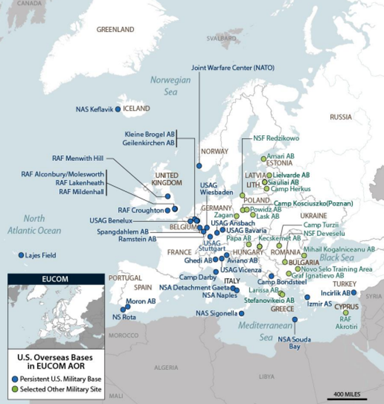 Mapa de EUCOM (El Mando Europeo de los Estados Unidos que es el mando unificado de las fuerzas estadounidenses desplegadas en Europa)