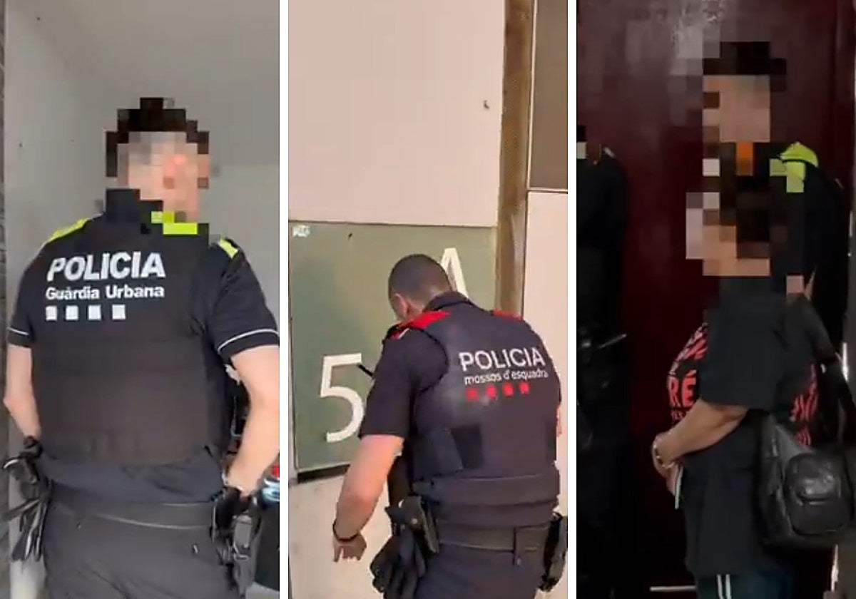 Agentes de los Mossos y de la Guardia Urbana, durante los desalojos de los pisos okupados en Badalona, durante el apagón