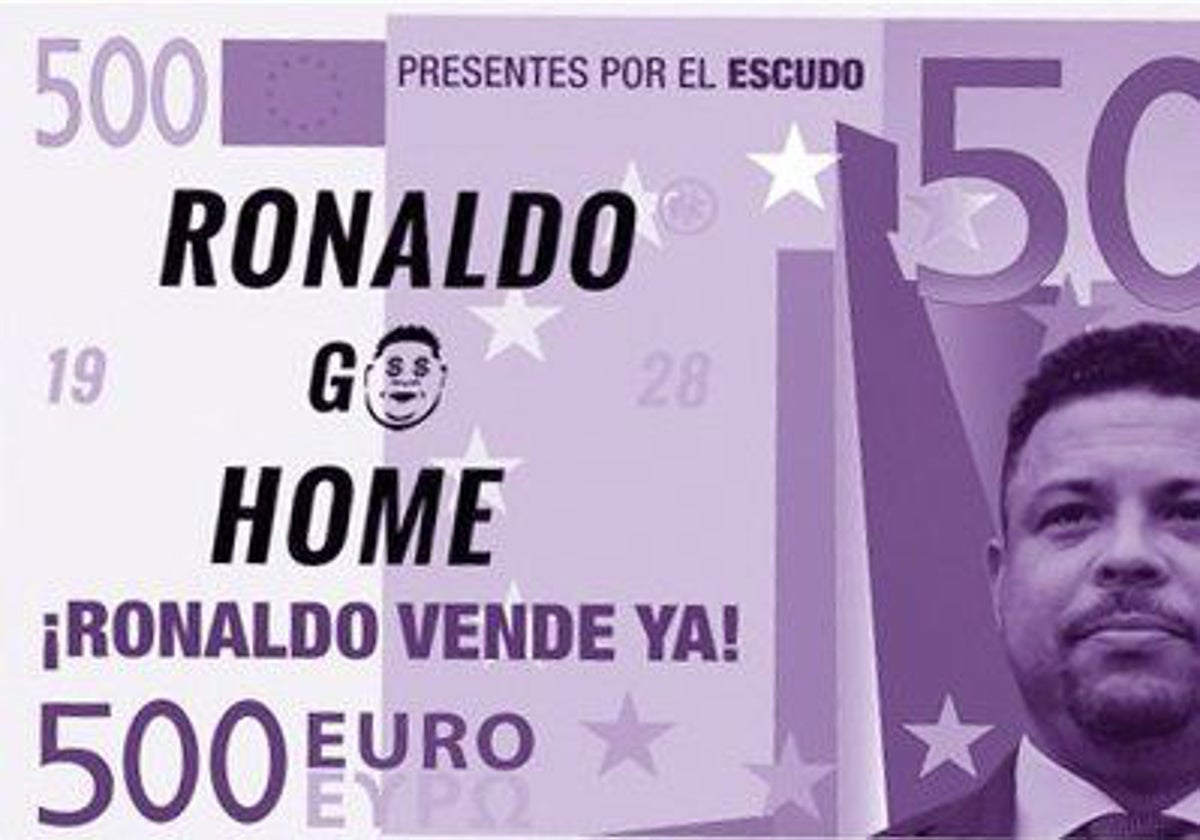 Diseño del falso billete de 500 euros con la cara de Ronaldo que protagoniza la protesta de la Federación de Peñas del Real Valladolid