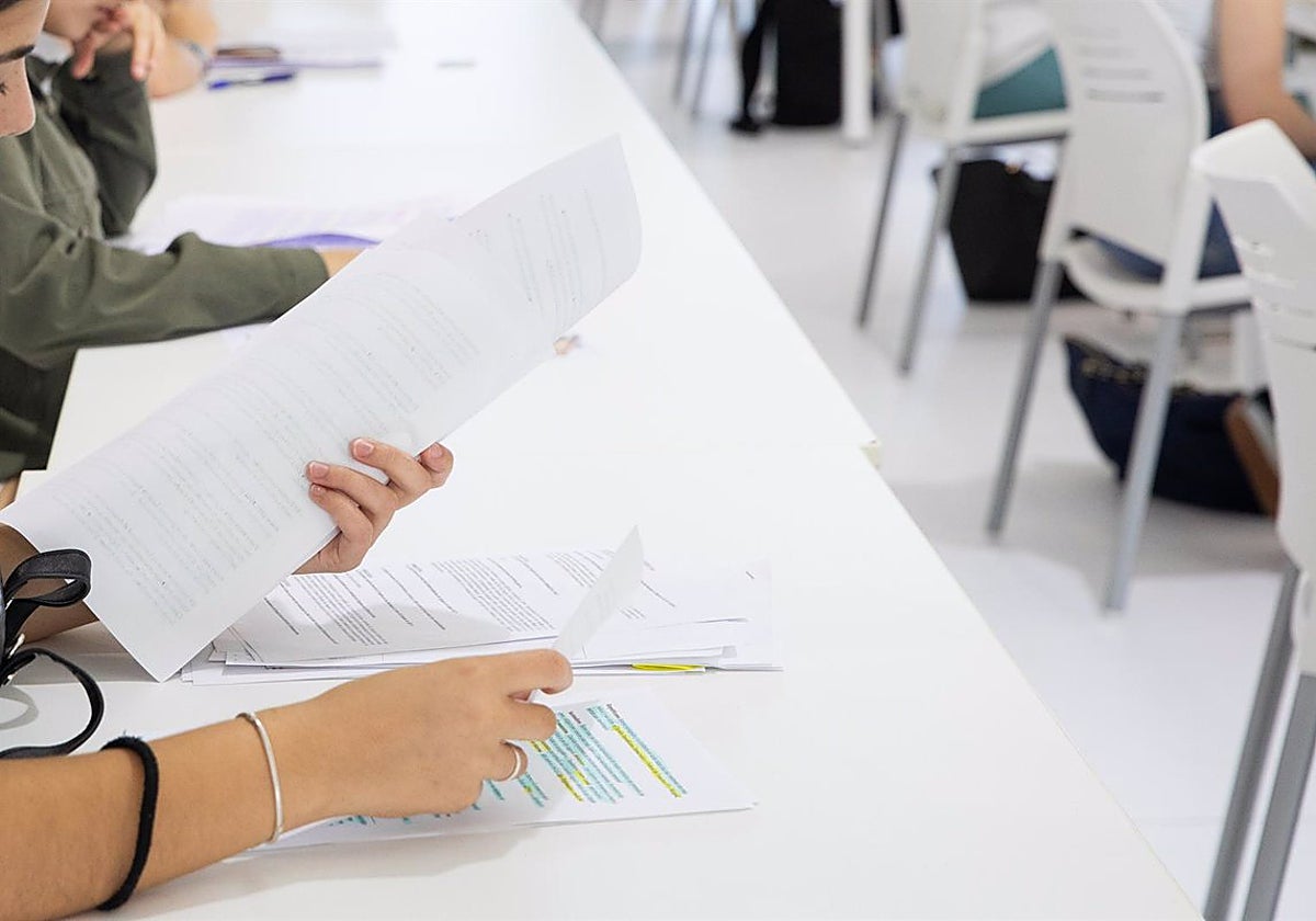 Varios alumnos antes de comenzar uno de los exámenes de las pruebas de acceso a la universidad en la Universidad Pablo de Olavide (UPO)