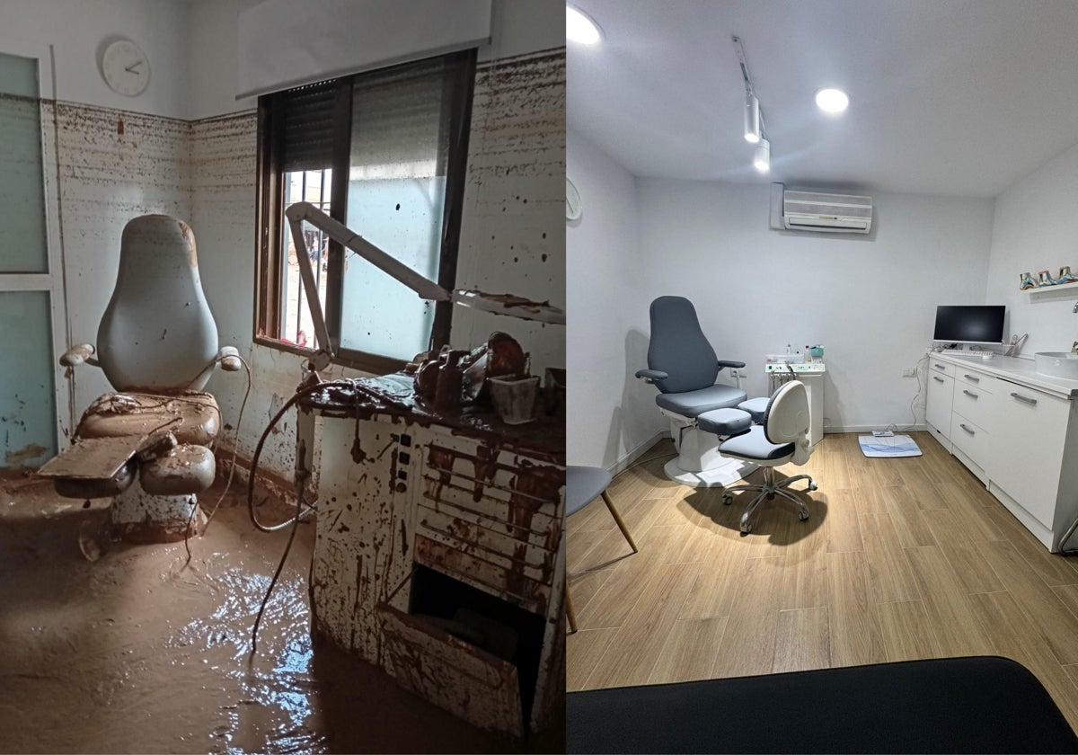 Imagen del antes y el después de una clínica de podología de Alfafar afectada por la dana
