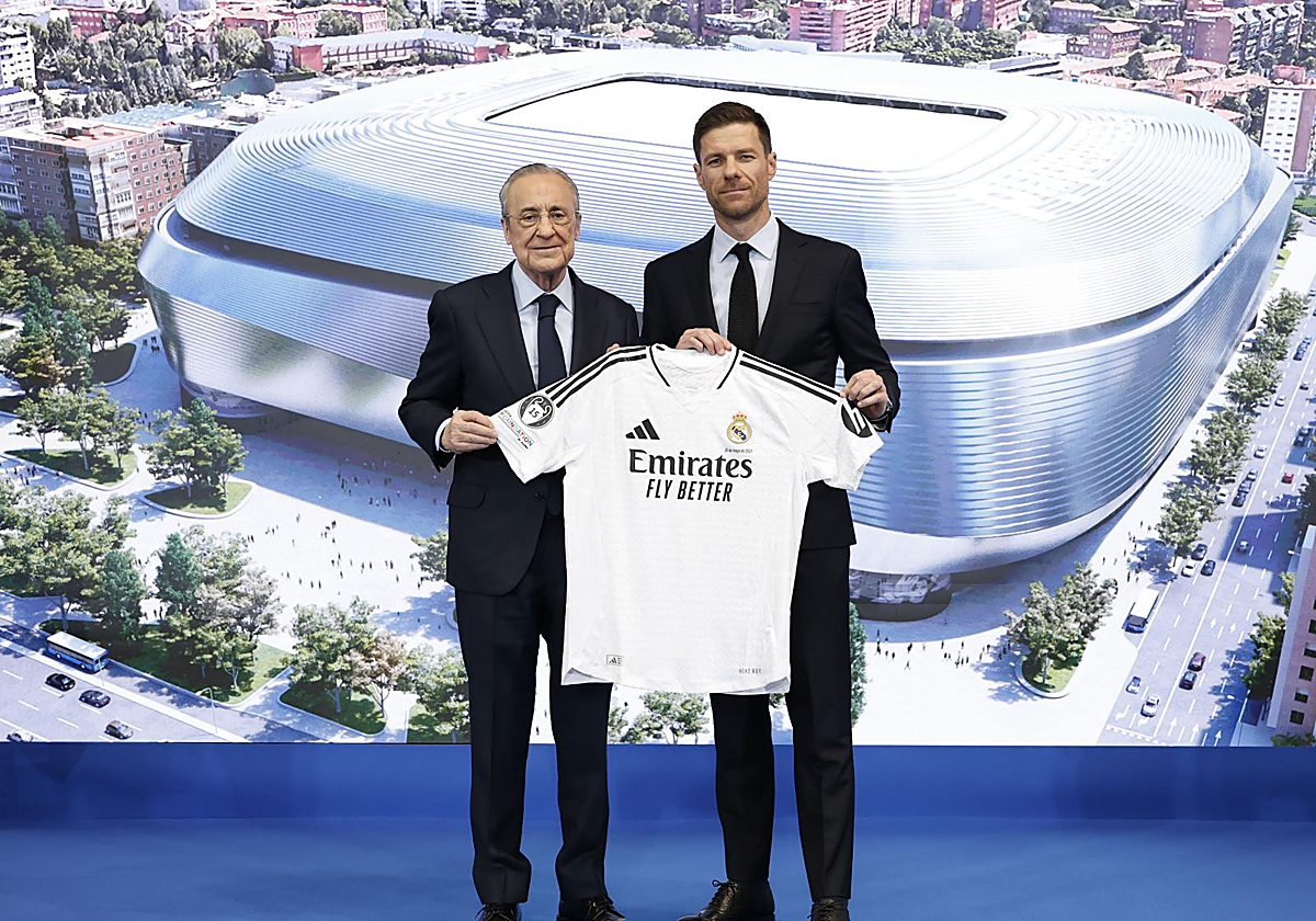 Florentino Pérez, presidente del Real Madrid, y Xabi Alonso, entrenador del primer equipo del club, este lunes