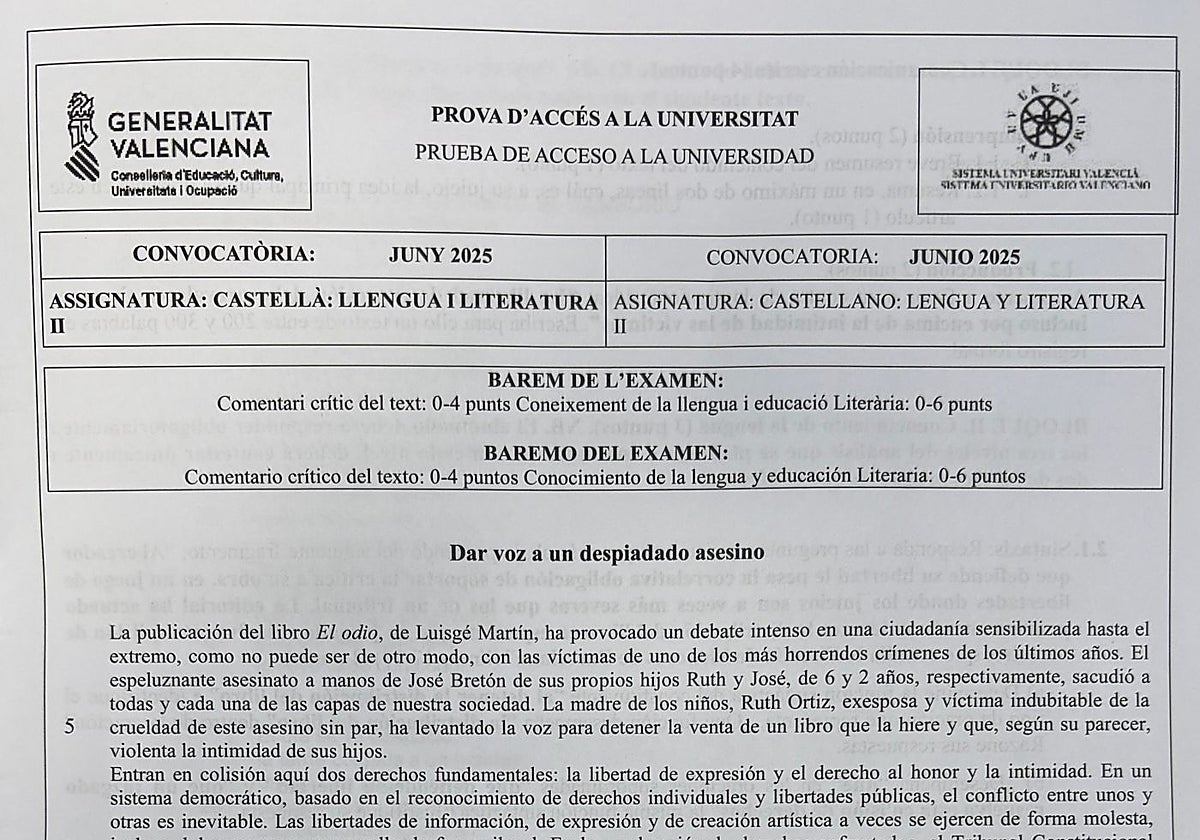 Imagen del examen de Castellano Lengua y Literatura de las PAU de la Comunidad Valenciana