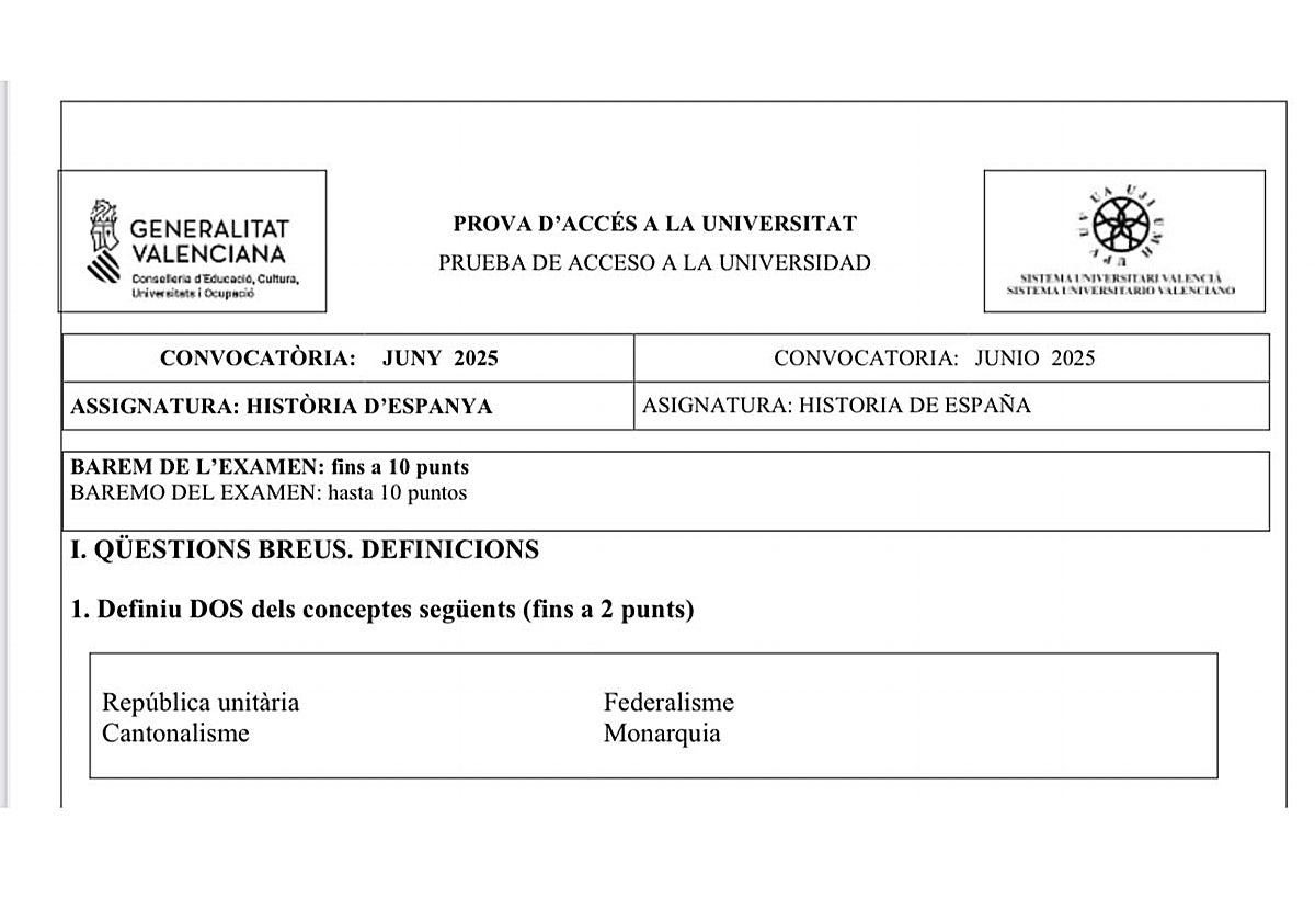 Imagen del examen de Historia de España de la Selectividad en Valencia