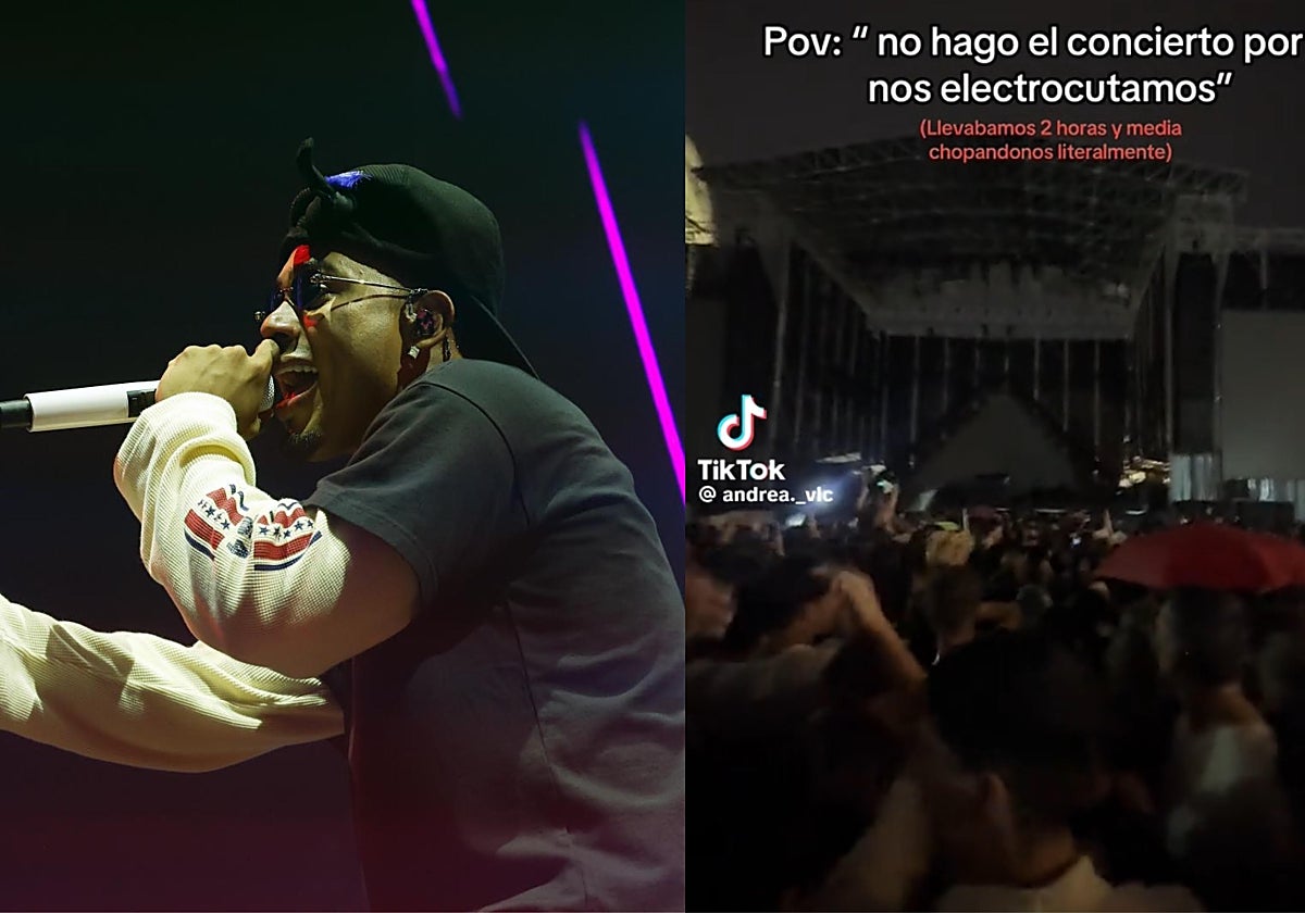 Imagen de archivo de un concierto de Myke Towers y una captura de vídeo de la actuación suspendida este martes en Valencia por la lluvia