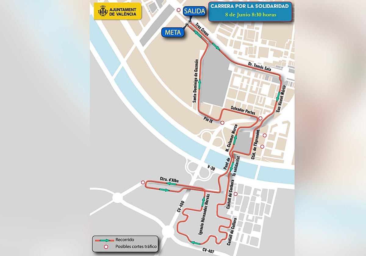 Circuito de la carrera por la solidaridad en Valencia el domingo 8 de junio