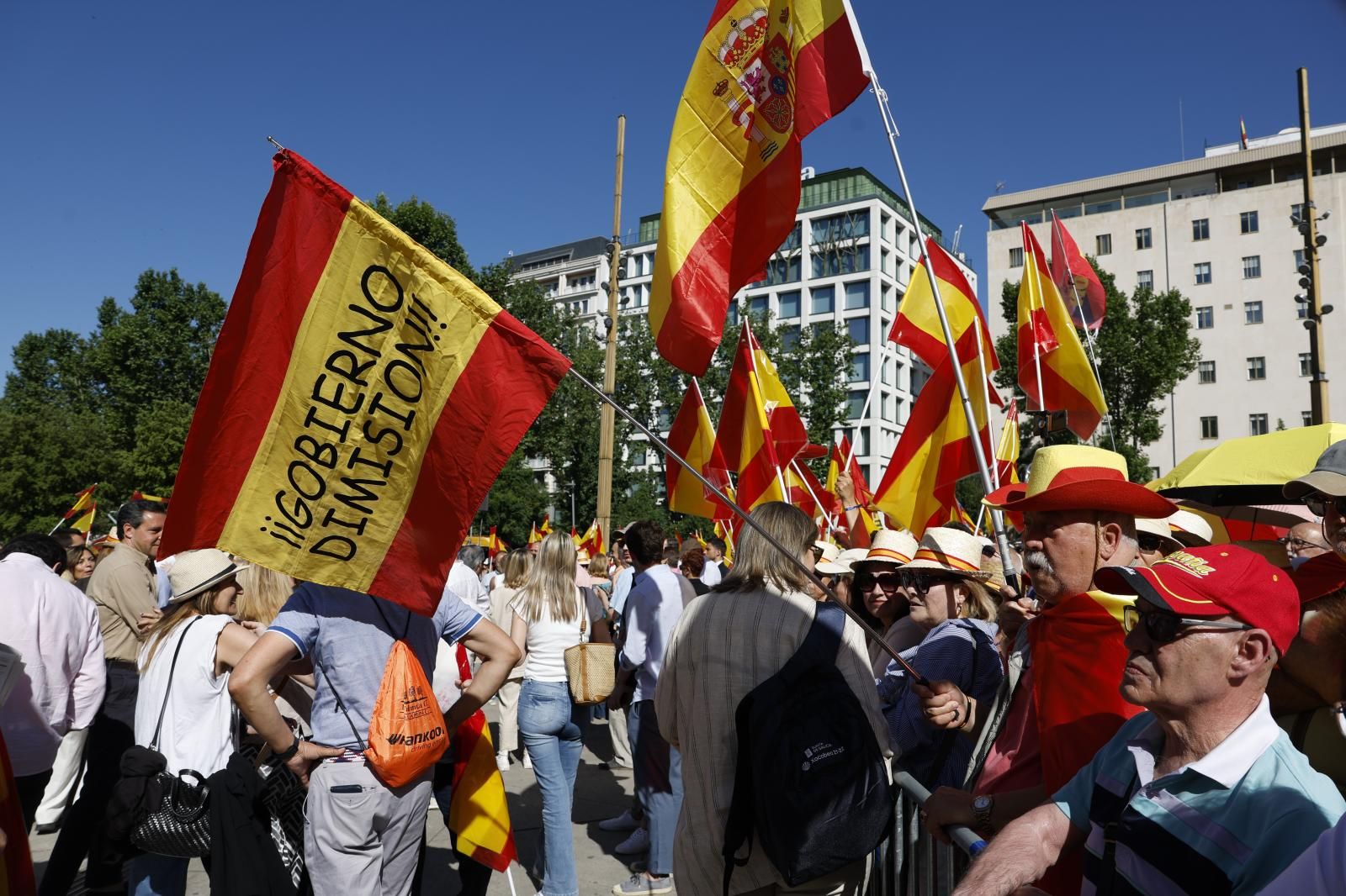 Algunos manifestantes con banderas de España en las que escriben consignas como «Gobierno dimisión»