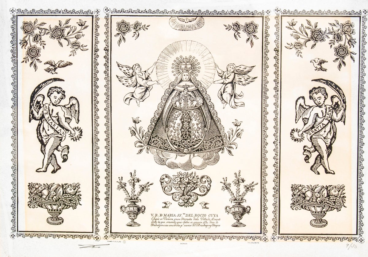Recreación de un antiguo grabado de la Virgen, y dos querubines, de Rafael Esteban Poullet, 1993