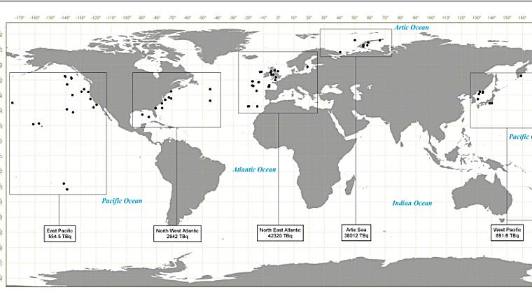 Inventario de vertidos al mar en todo el mundo, incluidas las cantidades totales en terabequerelios (unidad de medida de radioactividad) por región y los países que realizaron operaciones de vertido en un antiguo informe