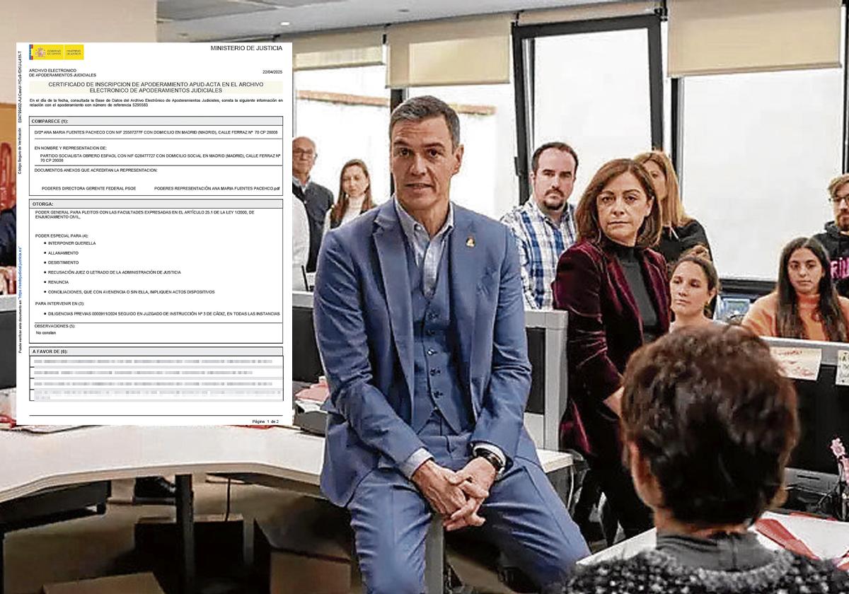 El certificado firmado por Ana Fuentes en el que faculta al bufete Constitución 23 para que represente a Ferraz en una causa contra el SAS (a la derecha). Pedro Sánchez, junto a Fuentes (a la derecha), en una reunión con personal del PSOE el 8 de noviembre de 2023