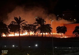 Aparatoso incendio entre la glorieta Ibn Zaydun y las vías del tren en Córdoba, a escasos metros de la estación