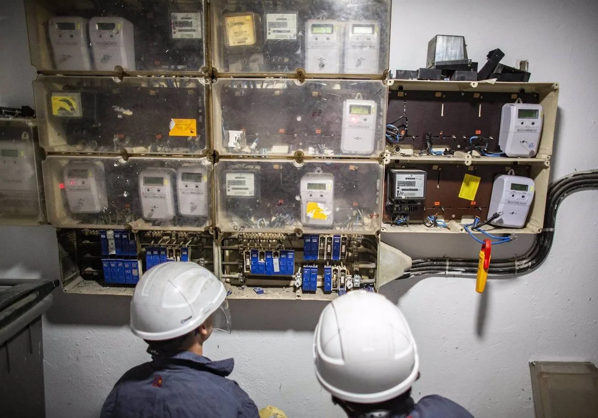 Técnicos de Endesa revisan unos enganches de luz ilegales