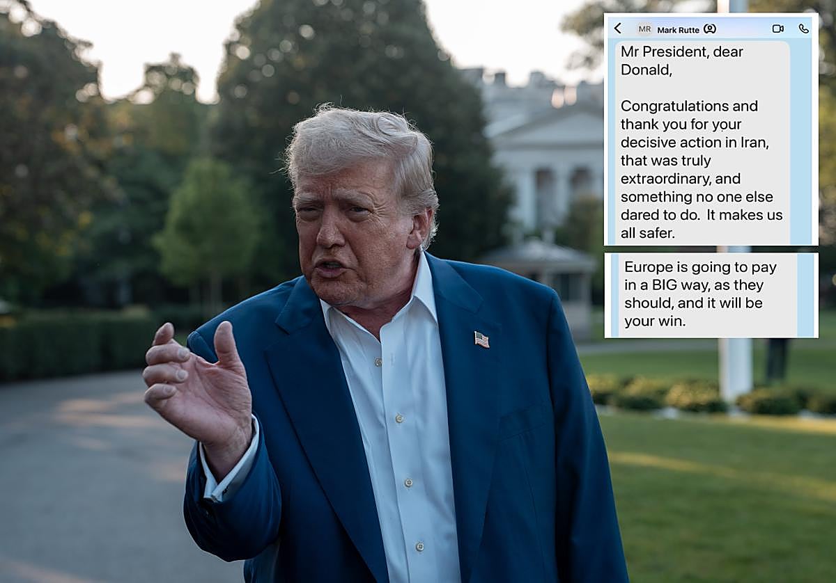 El presidente de EE.UU. Donald Trump, charla con la prensa antes de viajar a La Haya