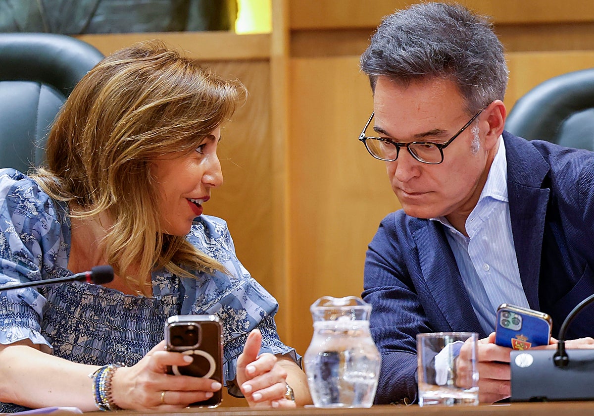 La alcaldesa de Zaragoza, Natalia Chueca, y el consejero municipal Víctor Serrano, durante el pleno extraordinario dedicado al caso Koldo celebrado este martes 24 de junio