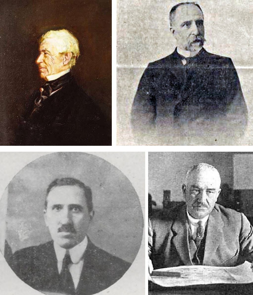 Fila superior. José Bushental (Estrasburgo, 1802 – Londres, 1870) adquirió el monasterio de los jerónimos, vendió los artesonados y “machacó”, según ciertas noticias, un Via Crucis de mármol para cimentar un paseo. Manuel Salvador López (1836-1903), que dirigió el Banco de Isabel II, fue el siguiente propietario de la Sisla. En la fila inferior, el arquitecto Joaquín Saldaña López (Madrid, 1870-1939) y el jardinero de la Villa de Madrid, Cecilio Rodríguez Cuevas (Valladolid, 1865 - Madrid, 1953)