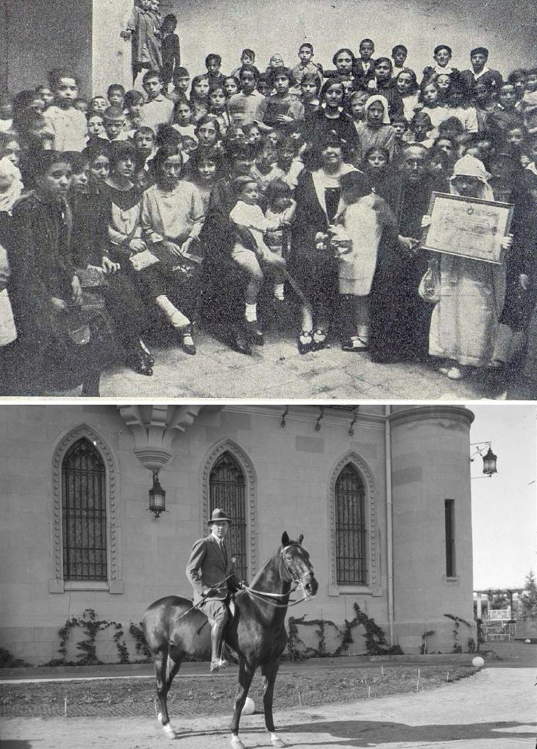 Arriba, fiesta infantil para los niños de la Catequesis de San Justo en el Palacio Arzobispal de Toledo. Sentada, en primera fila, Consuelo de Cubas de Pelizaeus, acompañada de su hija, condesa del Vado. Foto publicada por 'El Castellano Gráfico' (8-agosto-1924). Debajo, según recoge la fototeca del IPCE, “El señor Pelizäus montado a caballo en los jardines del palacio de la Sisla”. Fotografía de Otto Wunderlich (ca. 1925)
