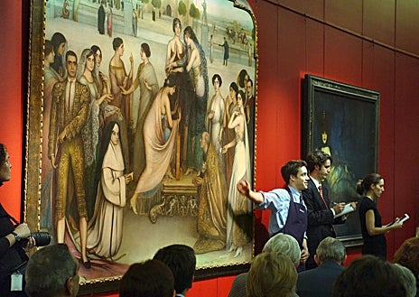 Imagen secundaria 1 - Arriba, 'Familia Casana', propiedad de Blas García. Debajo, subasta de 'La Consagración de la copla' en 2003. A la derecha, 'Joven con jarro'