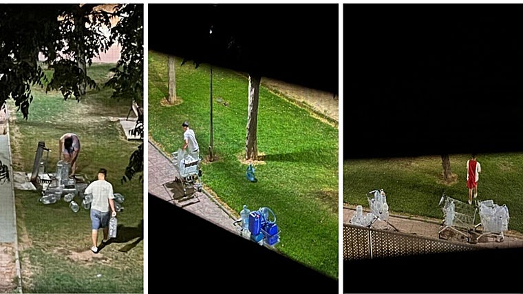 Los okupas cargando garrafas de agua en una fuente pública cercana