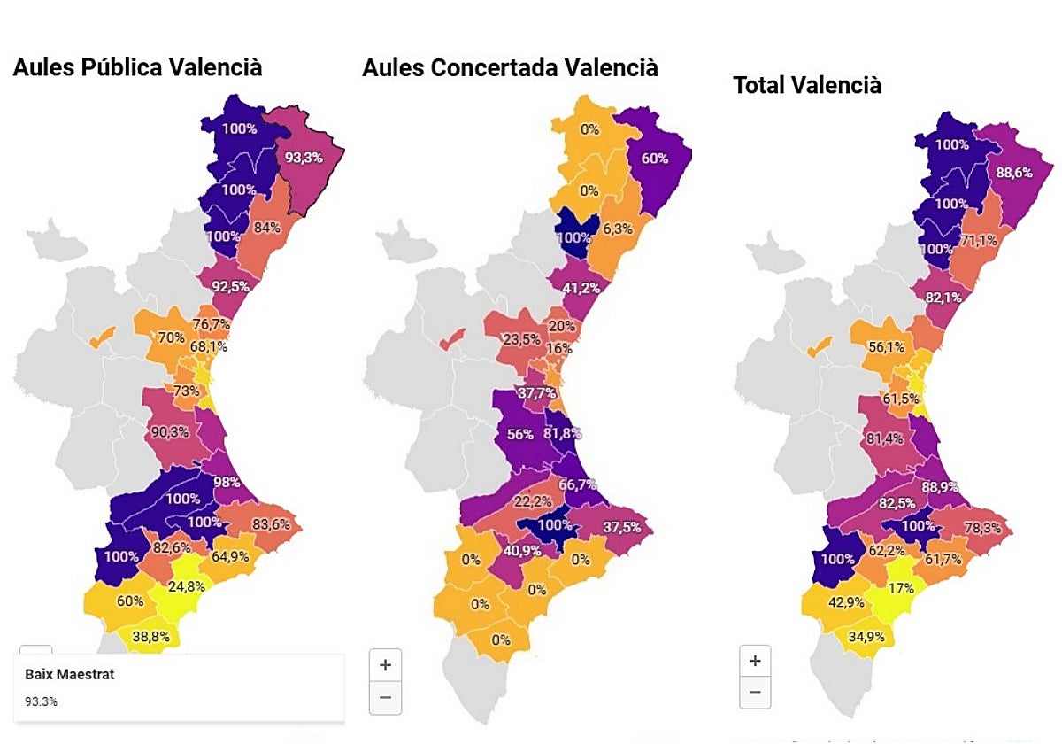 Mapas con el número de aulas en valenciano en Infantil sólo en las zonas de predominio de esta lengua, difundidos por Famílies pel Valencià