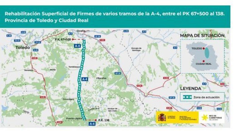 Transportes licita por 22 millones la rehabilitación del firme en varios tramos de la A-4 entre Ocaña y Puerto Lápice