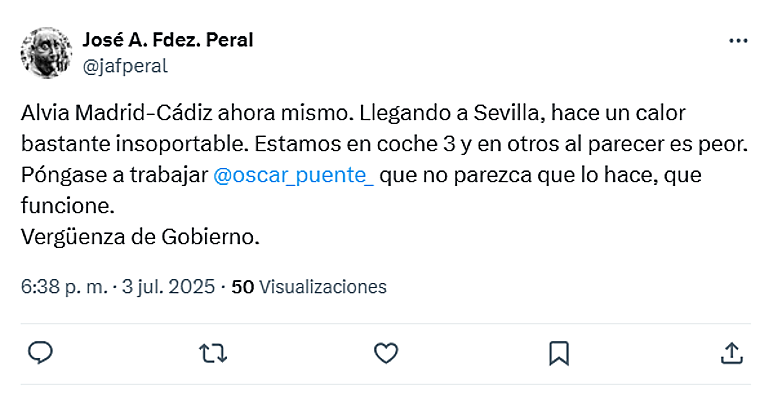 El sofocante trayecto de unos viajeros en un tren Madrid - Cádiz sin aire acondicionado: «Es insoportable»