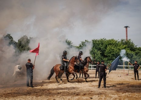 Imagen secundaria 1 - La agente Carmen trabaja los herrajes en la cuadra; en las fotos inferiores, práctica con banderas, disparos y bengalas, en la Casa de Campo; y los jinetes se colocan sus protecciones en las piernas antes del entreno