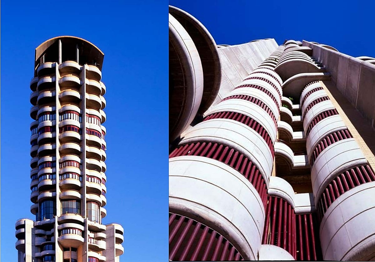 El rascacielos Neguri Gane de Benidorm, desde dos perspectivas diferentes, en imágenes del gabinete de arquitectura Pérez Guerras, que lo diseñó
