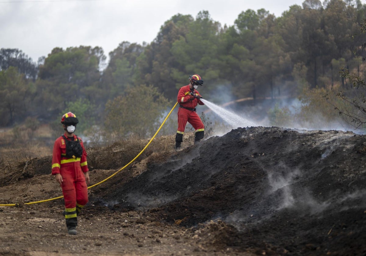 Efectivos de Emergencias durante las tareas de extinción del fuego en el sur de Tarragona