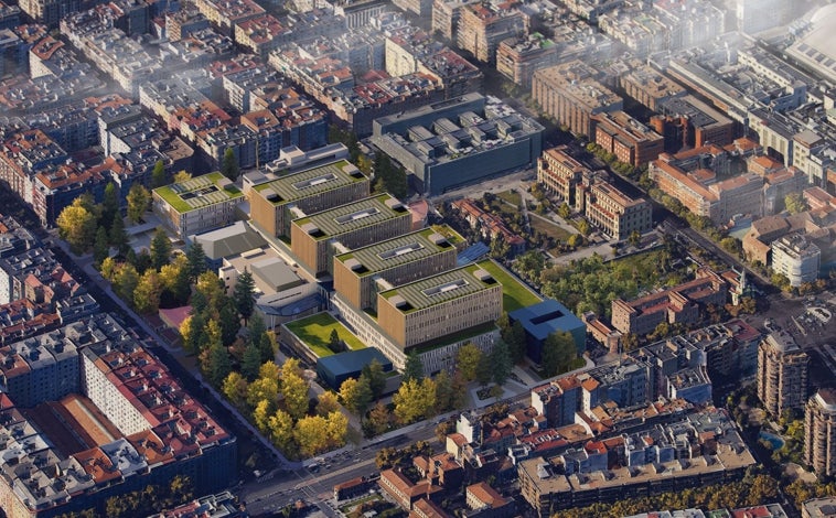 Imagen principal - Arriba, ficción del nuevo hospital en una toma aérea. Abajo, izq., nuevos pabellones y un aspecto (dcha) general del Gregorio Marañón cuando termine las obras