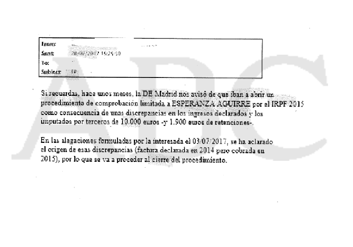Correo electrónico sobre búsqueda de información de Esperanza Aguirre